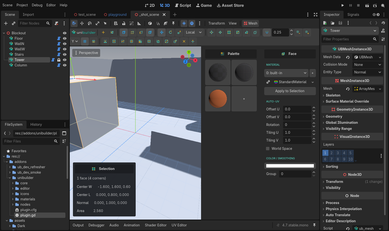 The Godot editor with Unibuilder active: a blockout scene, a face selected with the move gizmo, and the face panel on the right