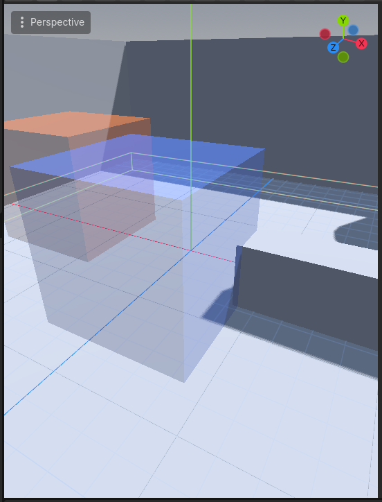 An orange collider volume and a blue trigger volume in the editor