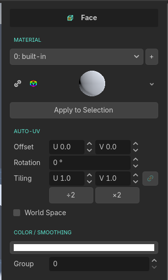 The face panel: material slots, auto-UV settings, color and smoothing